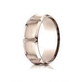 14k Rose Gold 8mm Comfort-Fit Satin-Finished Beveled Edge Concave with Horizontal Cuts Carved Design Band