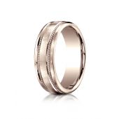 14k Rose Gold 7.5mm Comfort-Fit Satin-Finished Rope Carved Design Band