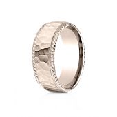 14k Rose Gold 8mm Comfort-Fit Rope Edge Hammered Finish Design Band