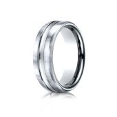 18k White Gold 7.5mm Comfort-Fit Satin-Finished High Polished Center Cut Carved Design Band