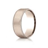 14k Rose Gold 8mm Comfort-Fit Satin-Finished Cross Hatched Beveled Edge Carved Design Band