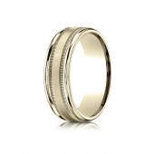10k Yellow Gold 7mm Comfort-Fit Satin Finish Center with Milgrain Round Edge Carved Design Band