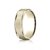 14k Yellow Gold 7mm Comfort-Fit Satin Finish High Polished Round Edge Carved Design Band