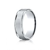 18k White Gold 7mm Comfort-Fit Satin Finish High Polished Round Edge Carved Design Band