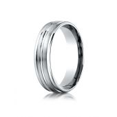18k White Gold 6mm Comfort-Fit Satin-Finished High Polished Center Trim and Round Edge Carved Design Band