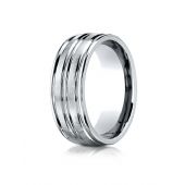 14k White Gold 8mm Comfort-Fit Satin-Finished High Polished Center Trim and Round Edge Carved Design Band