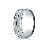 10K White Gold 8mm Comfort-Fit Hammer-Finished High Polished Center Trim and Round Edge Carved Design Band