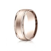 14k Rose Gold 8mm Comfort-Fit Satin Finish Center with Milgrain Round Edge Carved Design Band