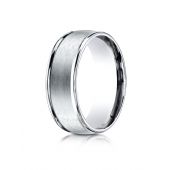 14k White Gold 8mm Comfort-Fit Satin Finish High Polished Round Edge Carved Design Band