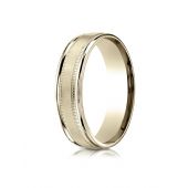14k Yellow Gold 6mm Comfort-Fit Satin Finish Center with Milgrain Round Edge Carved Design Band