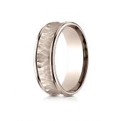 14k Rose Gold 7.5mm Comfort Fit Hammered Finish Concave Center Design Band