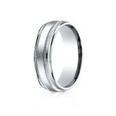 18k White Gold 7mm Comfort-Fit Swirl Finish Center Milgrain Round Edge Carved Design Band