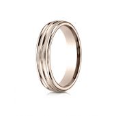 14k Rose Gold 4mm Comfort-Fit Satin-Finished High Polished Center Trim and Round Edge Carved Design Band