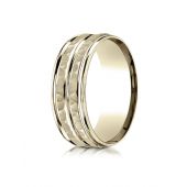 14k Yellow Gold 8mm Comfort-Fit Hammer-Finished High Polished Center Trim and Round Edge Carved Design Band