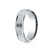 18 Karat White Gold 7mm Comfort-Fit High Polish Round Edge Cross Hatch Center Design Band