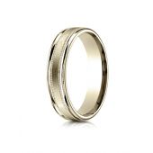 14k Yellow Gold 4mm Comfort-Fit  Satin Finish Center with a round edge and milgrain Carved Design Band