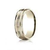 10k Yellow Gold 7mm Comfort-Fit Satin-Finished High Polished Center Trim and Round Edge Carved Design Band