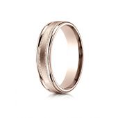 14k Rose Gold 4mm Comfort-Fit  Satin Finish Center with a round edge and milgrain Carved Design Band