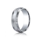 18k White Gold 7.5mm Comfort-Fit Satin-Finished Double Round Edge Carved Design Band