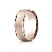 14k Rose Gold 8mm Comfort-Fit Wire brush Finish High Polished Round Edge Carved Design Band