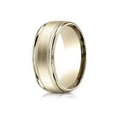 18k Yellow Gold 8mm Comfort-Fit Satin Finish Center with Milgrain Round Edge Carved Design Band