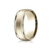 18k Yellow Gold 8mm Comfort-Fit Satin Finish Center with Milgrain Round Edge Carved Design Band