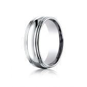 18k White Gold 7.5mm Comfort-Fit High Polished Double Round Edge Carved Design Band