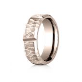 14 Karat Rose Gold 7mm Comfort-Fit Hammered Finish Grooved Carved Design Band