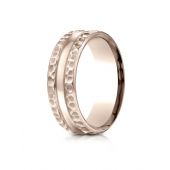 14k Rose Gold 7.5mm Comfort Fit Hammered Finish Center Cut Design Band