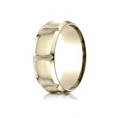 18k Yellow Gold 8mm Comfort-Fit Satin-Finished Beveled Edge Concave with Horizontal Cuts Carved Design Band