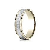 14k Two-Toned 6mm Comfort-Fit Hammered-Finished with Milgrain Carved Design Band