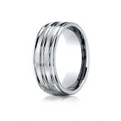 Platinum 8mm Comfort-Fit Satin-Finished High Polished Center Trim and Round Edge Carved Design Band