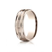 14k Rose Gold 7mm Comfort-Fit Satin-Finished High Polished Center Trim and Round Edge Carved Design Band